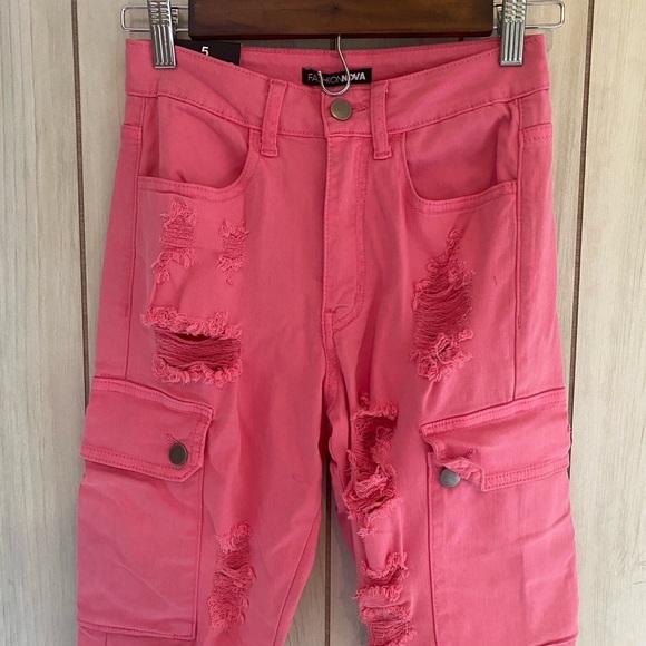 fashion nova money honey 5 distressed pink coral jeans skinny cargo pocket rip - Picture 3 of 7